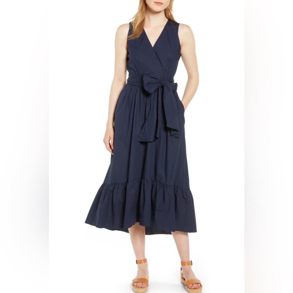J CREW Faux Wrap Cotton Poplin Dress in navy